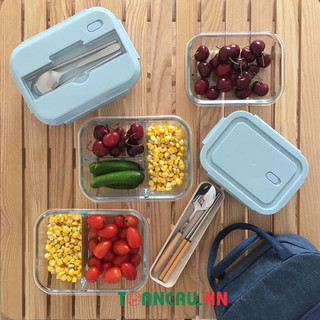 Hộp đựng cơm thủy tinh chống tràn chia 3 - 2 - 1 ngăn dùng được lò vi sóng Hộp cơm văn phòng bộ đũa thìa inox