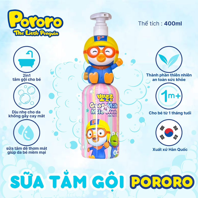 Sữa Tắm Gội tạo bọt 3in1 Pororo cho bé từ sơ sinh 400ml