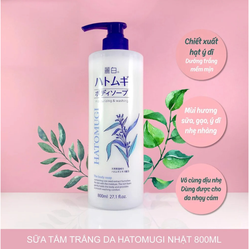 Sữa Tắm Sáng Da, Giảm mụn, Trẻ Hóa Da Reihaku Hatomugi Moisturizing & Washing The Body Soap 800ml