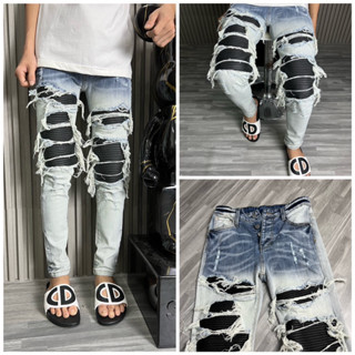 Quần Jean dài nam amiri xanh trắng vá da đen cứng 4 cúc ( 659) ảnh thật + video