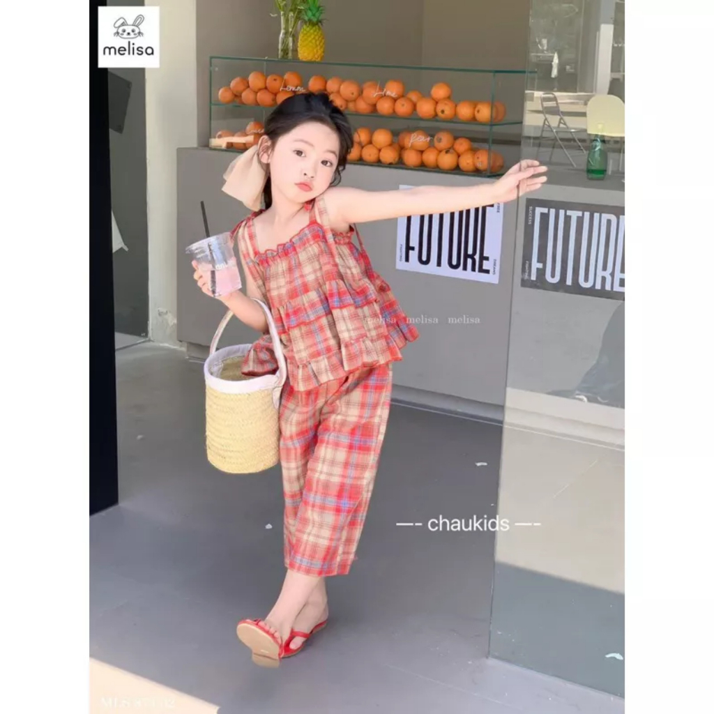(10-24kg) Set bộ áo 2 dây cột nơ vai quần dài chất thô mềm caro đỏ đáng yêu cho bé gái 2D010
