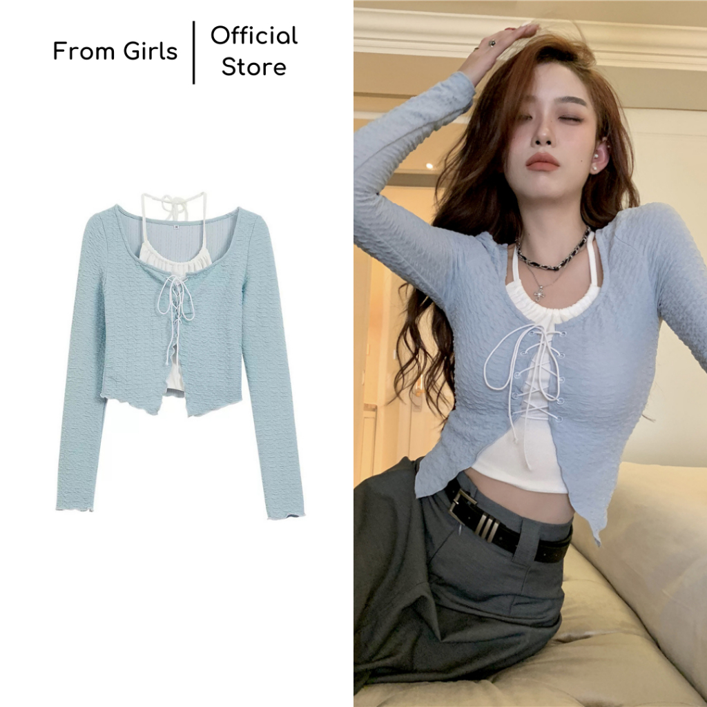 Set áo croptop dài tay xanh dương đan dây ngực mix yếm trắng buộc dây cổ - SET212