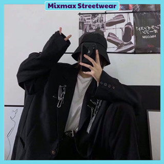 [SẴN+ẢNH THẬT] Áo khoác blazer cổ vest đen trơn có túi dáng rộng tặng kèm chuỗi xích Ulzzang unisex hiphop siêu chất
