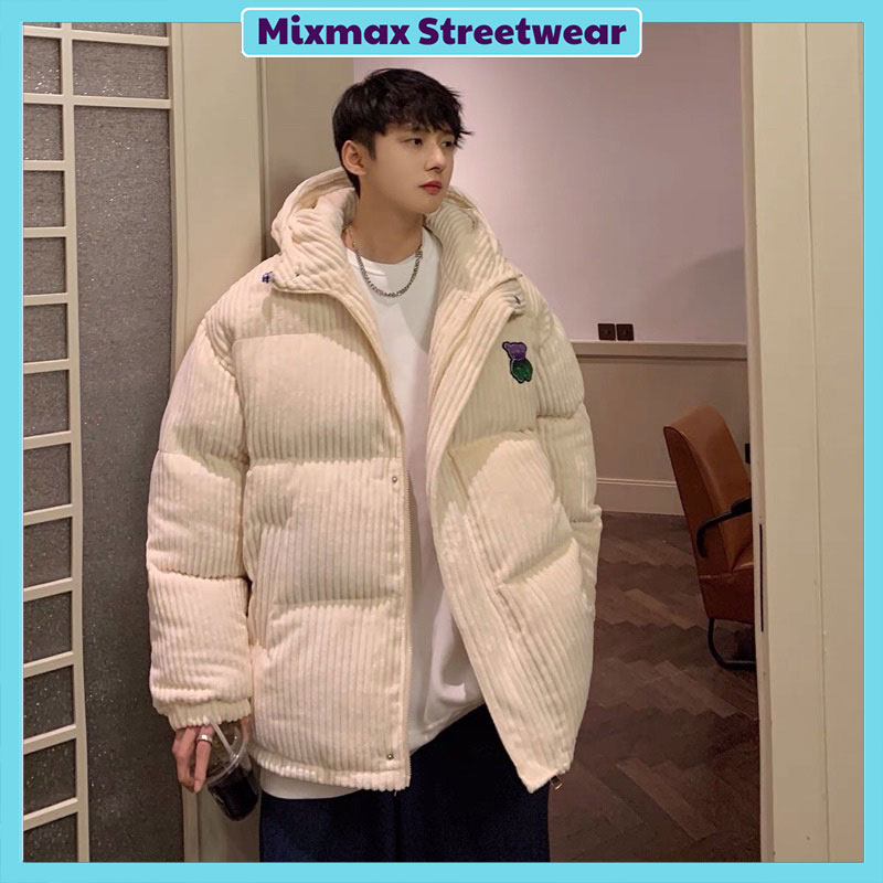 Áo khoác phao nhung thêu hình gấu trần bông dáng rộng trùm mũ oversize Ulzzang unisex ❤️