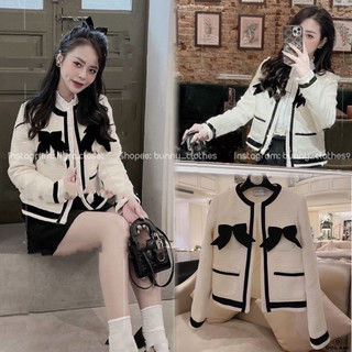 Áo khoác dạ tweed đính nơ hotgirl, áo dạ tweed đính nơ phối viền tay mẫu mới hottrend