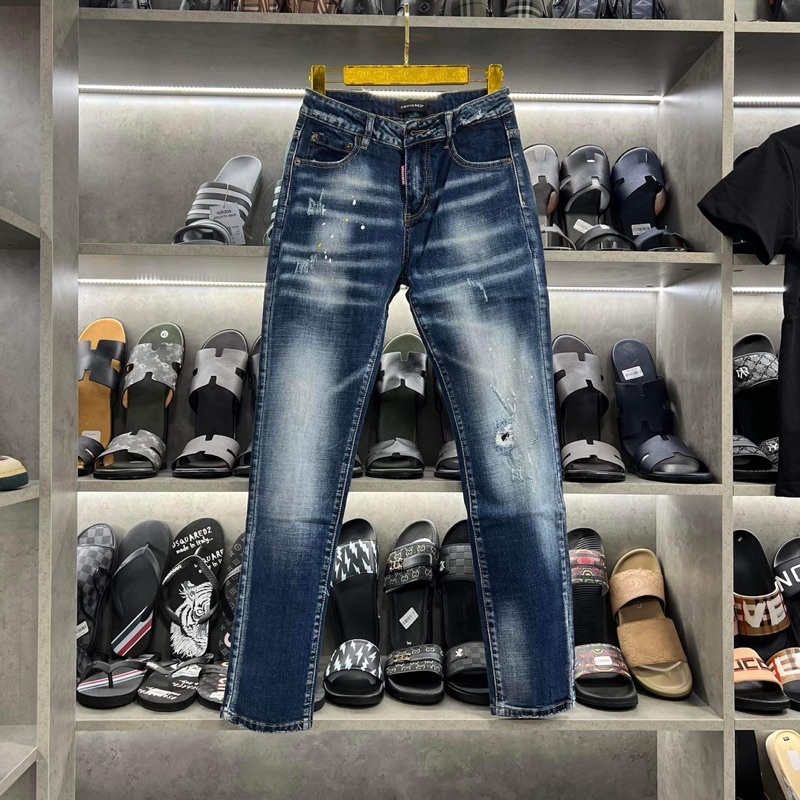 Quần Jean Nam DSQ Xanh Trơn,Quần Bò Nam DSQ2 Bản Xanh Sẫm Mài Bạc Phối Trend