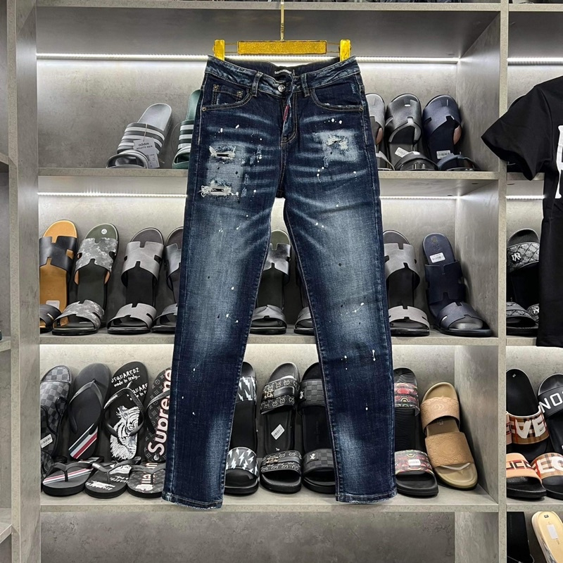 Quần Jean Nam DSQ Xanh Trơn,Quần Bò Nam DSQ2 Bản Xanh Sẫm Mài Bạc Phối Trend