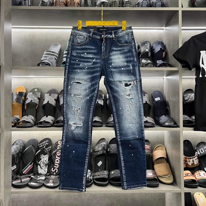 Quần Jean Nam DSQ Xanh Trơn,Quần Bò Nam DSQ2 Bản Xanh Sẫm Mài Bạc Phối Trend