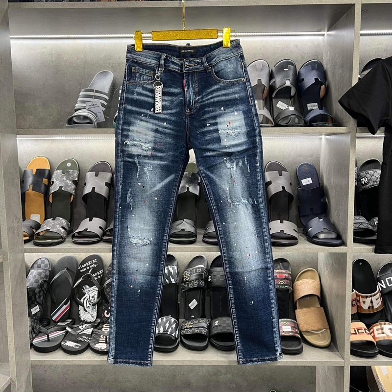 Quần Jean Nam DSQ Xanh Trơn,Quần Bò Nam DSQ2 Bản Xanh Sẫm Mài Bạc Phối Trend