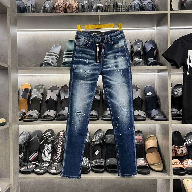 Quần Jean Nam DSQ Xanh Trơn,Quần Bò Nam DSQ2 Bản Xanh Sẫm Mài Bạc Phối Trend