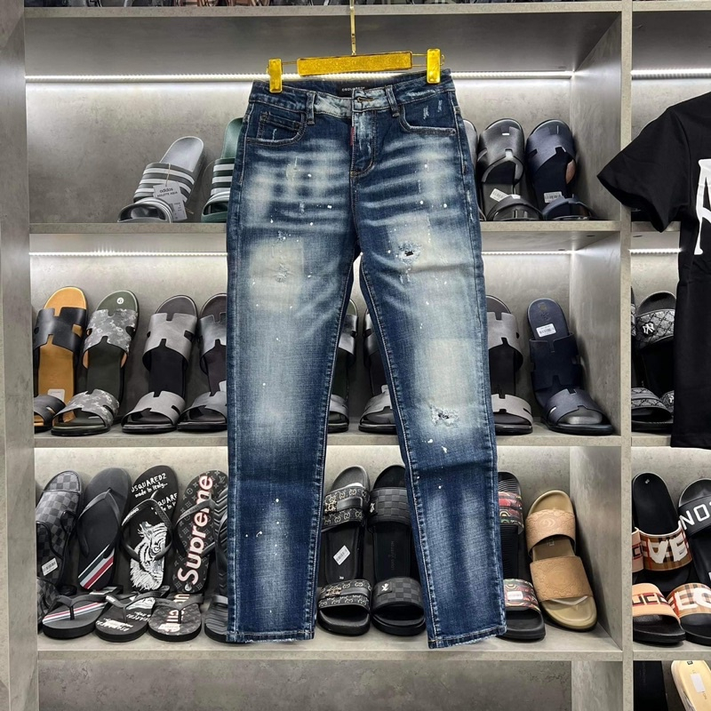 Quần Jean Nam DSQ Xanh Trơn,Quần Bò Nam DSQ2 Bản Xanh Sẫm Mài Bạc Phối Trend