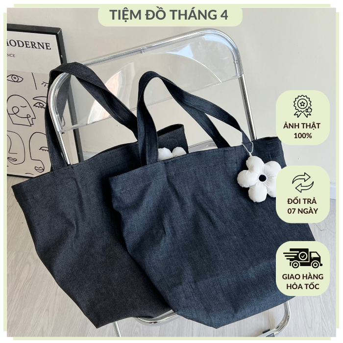 Túi Tote Vải Jean Thun Co Giãn Có Dây Kéo Kèm Móc Khóa TIỆM ĐỒ THÁNG 4 DENIM TOTE BAG