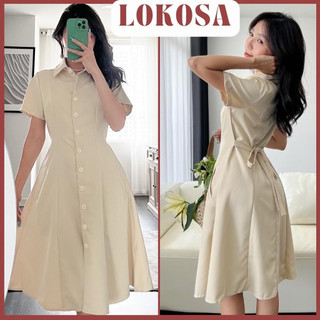 Váy Nữ LOKOSA Đầm nữ sơ mi công sở chiết eo tôn dáng váy dài dự tiệc maxi sơ mi có nút VD033