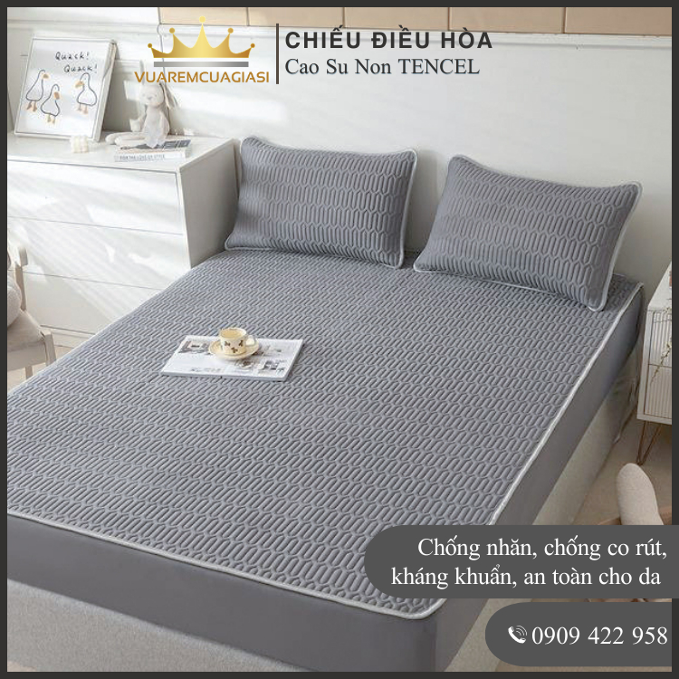 Chiếu Điều Hòa Vải Tencel Xám Trơn Cao Su Non bo chun chân cao 35cm, hàng loại 1 nặng và dày trang trí