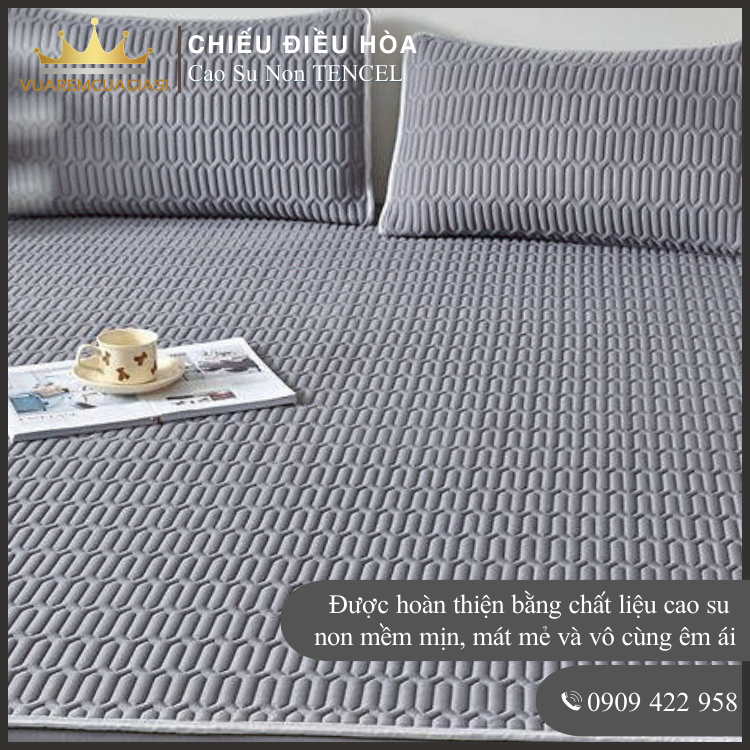 Chiếu Điều Hòa Vải Tencel Xám Trơn Cao Su Non bo chun chân cao 35cm, hàng loại 1 nặng và dày trang trí