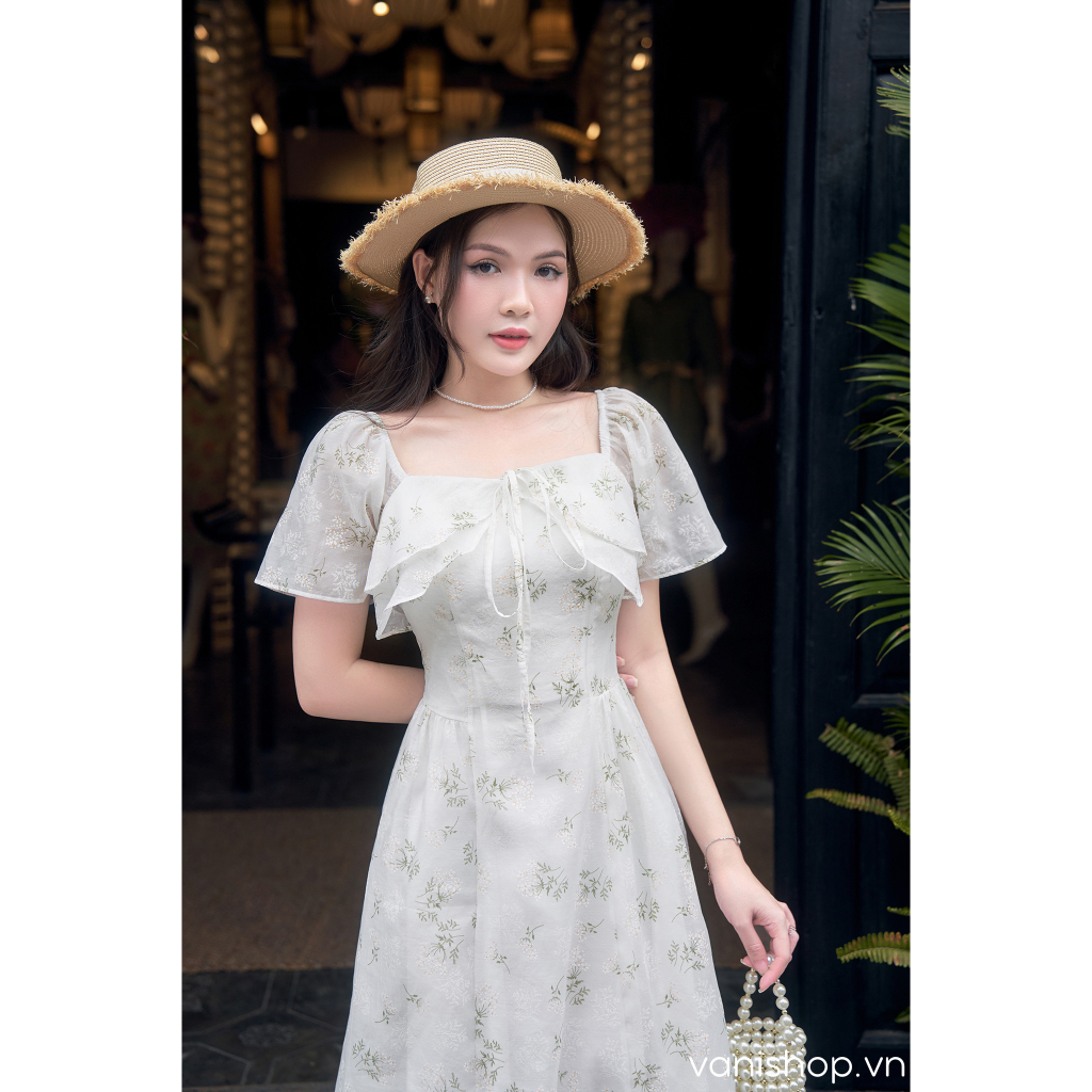 Váy hoa cổ vuông bèo ngực dáng dài nhẹ nhàng - Vanishop - V5496