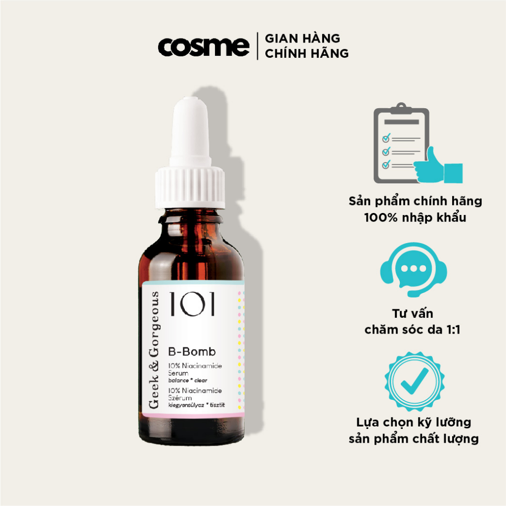 Tinh chất dưỡng sáng kiềm dầu 10% Niacinamide Geek&Gorgeous B-Bomb 30ml