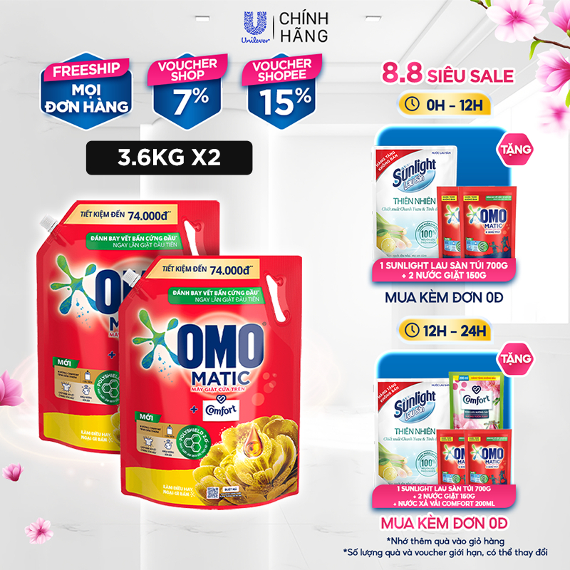 Combo 2 Túi Nước giặt OMO Matic chuyên dụng Cửa Trên 3.6kg/túi