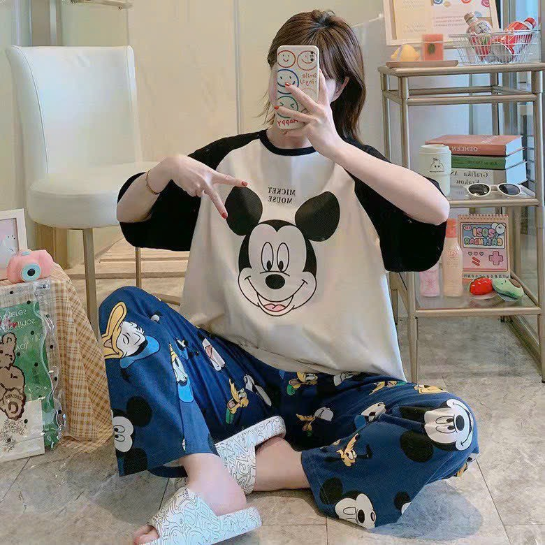 Sét Bộ Đồ Ngủ Nữ Pyjama Vải Thun Lạnh Mềm Mại Họa Tiết Hoạt Hình MICKEY Dễ Thương