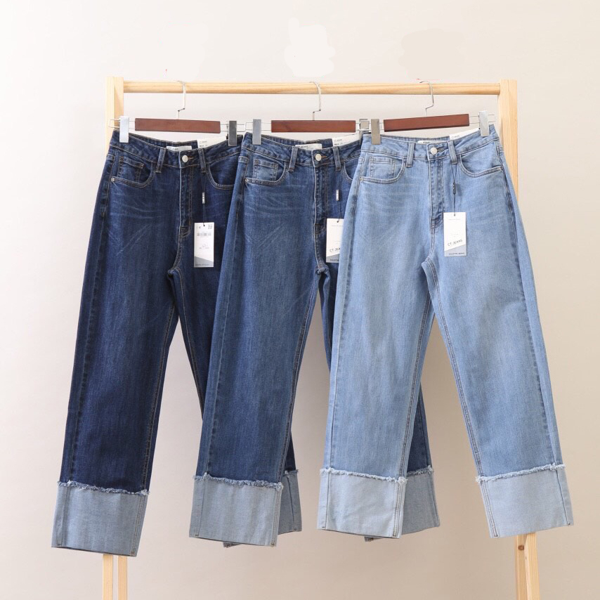 Quần jeans suông ống rộng gấu gập màu xanh Có co giãn (475)
