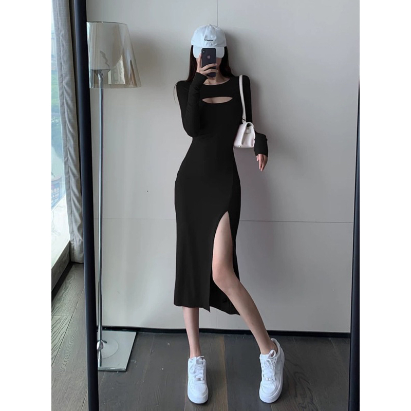 Đầm Body Dài Tay Khoét Ngực Xẻ Tà Cá Tính - Hannie Store