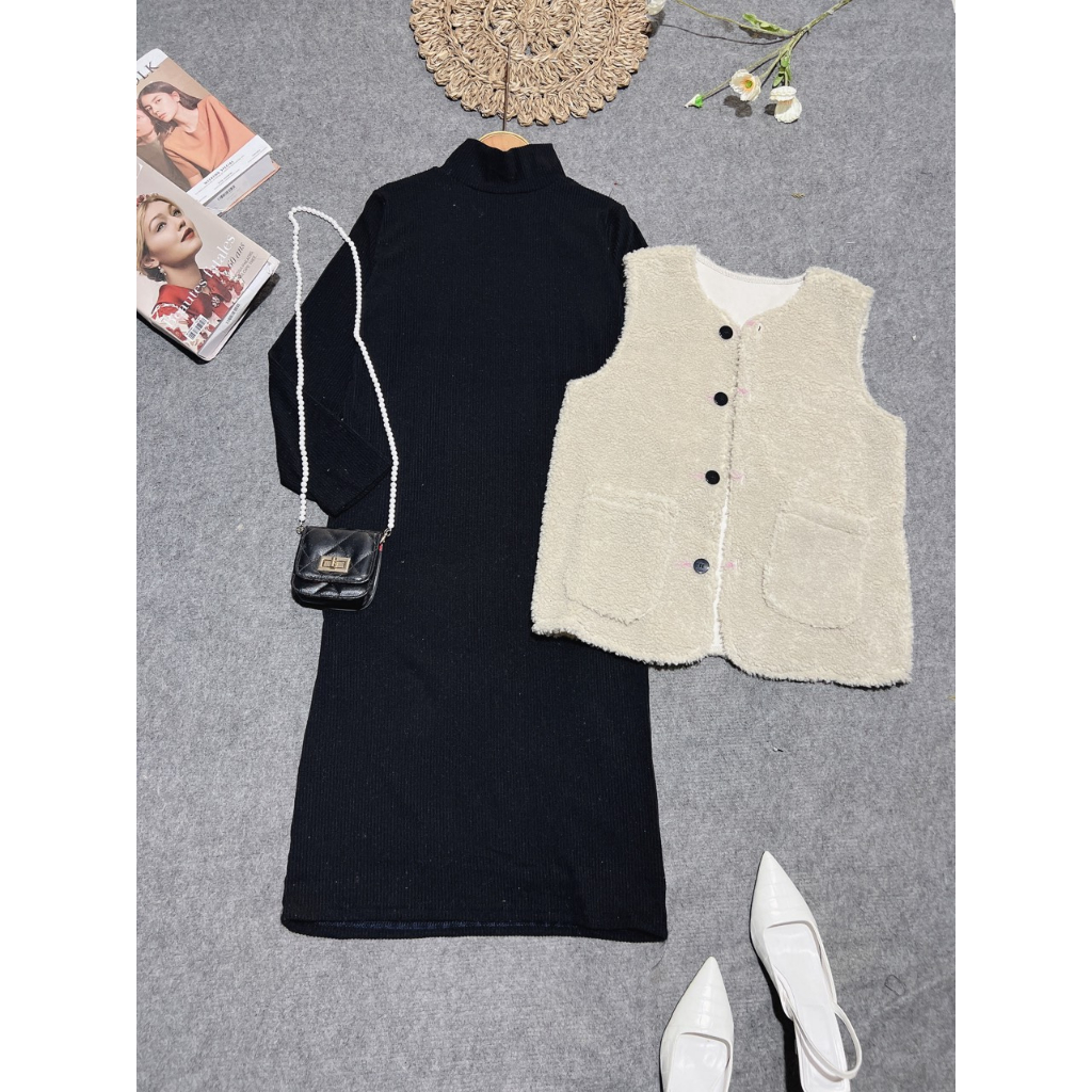 (ảnh thật) Sét áo khoác lông cardigan hàn quốc và váy len suông dáng dài mịn đẹp vintage siêu xinh