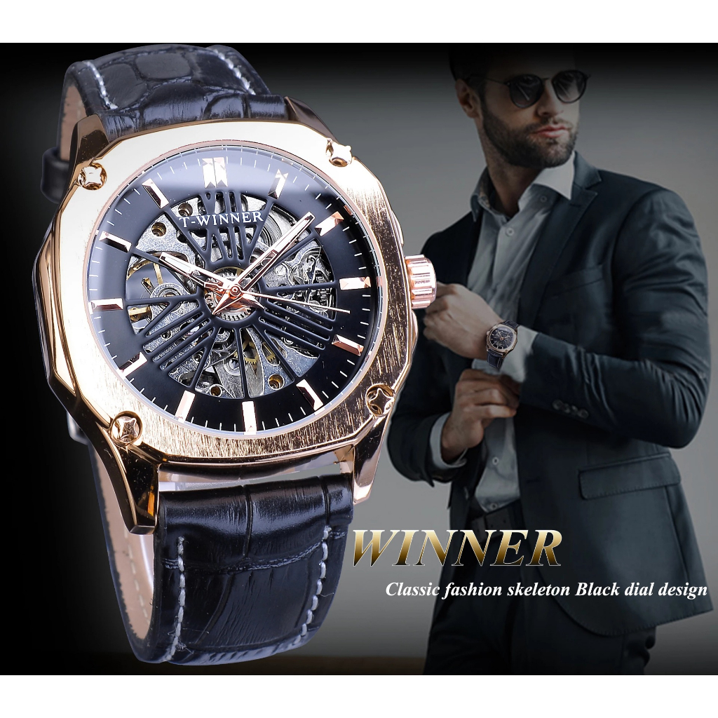 Đồng hồ cơ nam The Winner - BẢO HÀNH 1 NĂM - Dây da cao cấp, chống nước, chống xước