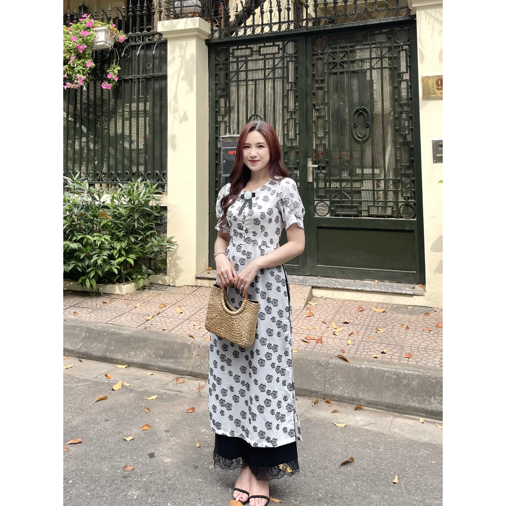 Áo dài cách tân FIONA họa tiết hoa mai áo dài truyền thống tay bồng cổ đính nơ set với quần ống rộng F950259