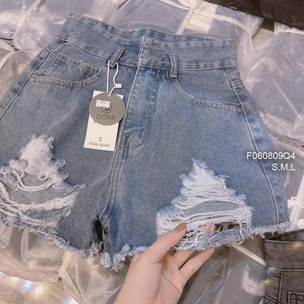 Quần short jean phối kiểu mài rách lưng cao 2 nút hàng đẹp!