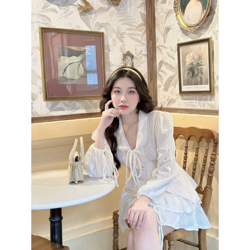SET ÁO NUDE REN CỔ SEN THẮT NƠ