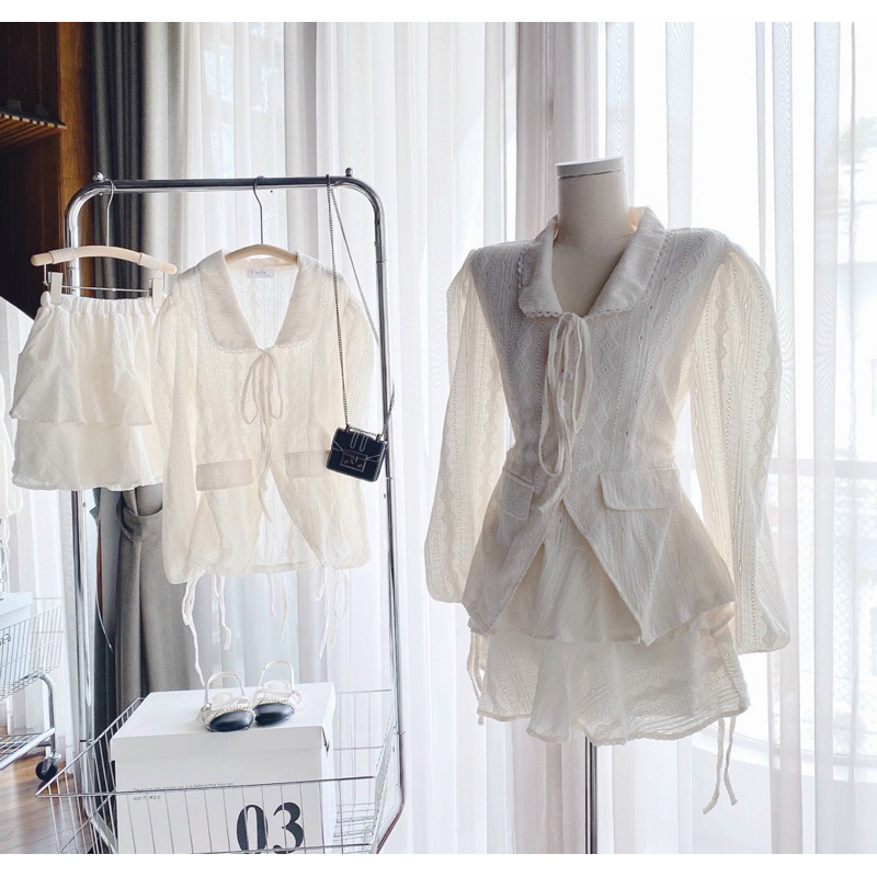 SET ÁO NUDE REN CỔ SEN THẮT NƠ