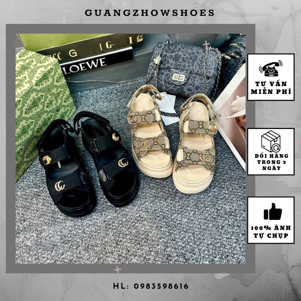 Sandal nữ đế bánh mỳ quai dán thêu logo nổi QCCC