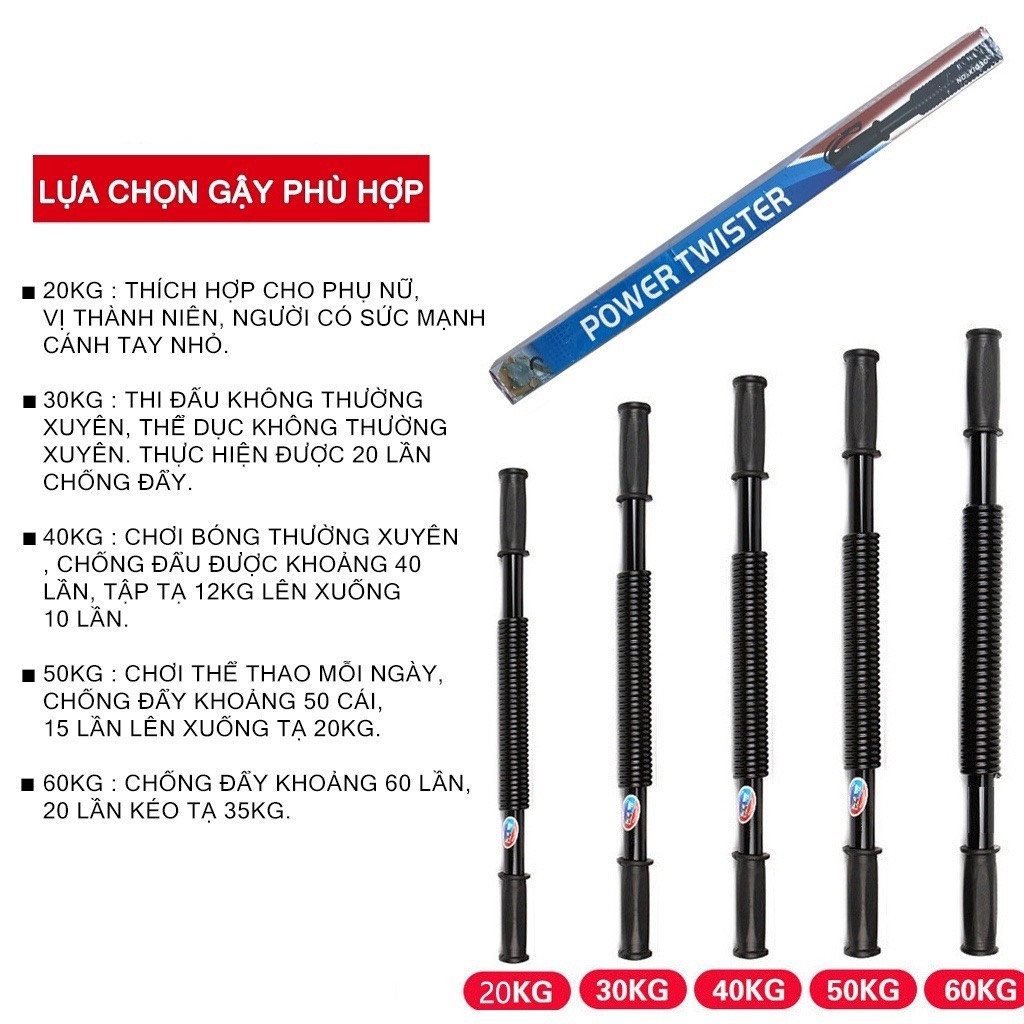 Gậy Bẻ Tập Cơ Tay Gậy Lò Xo Lực 5kg 10kg 20kg, 25kg, 30Kg, 40kg, 50kg, 60kg, 100kg - Chính hãng dododios