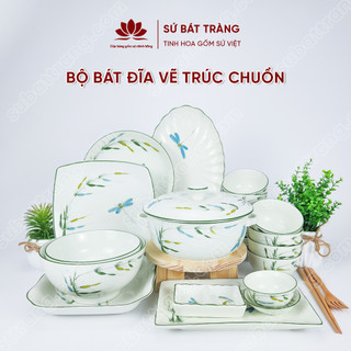 Bộ bát đĩa vẽ trúc chuồn cao cấp Bát Tràng