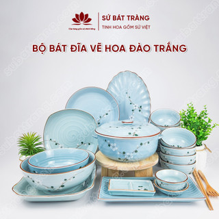 Bộ bát đĩa vẽ hoa đào trắng cao cấp Bát Tràng