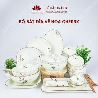 Bộ bát đĩa vẽ hoa cherry cao cấp Bát Tràng