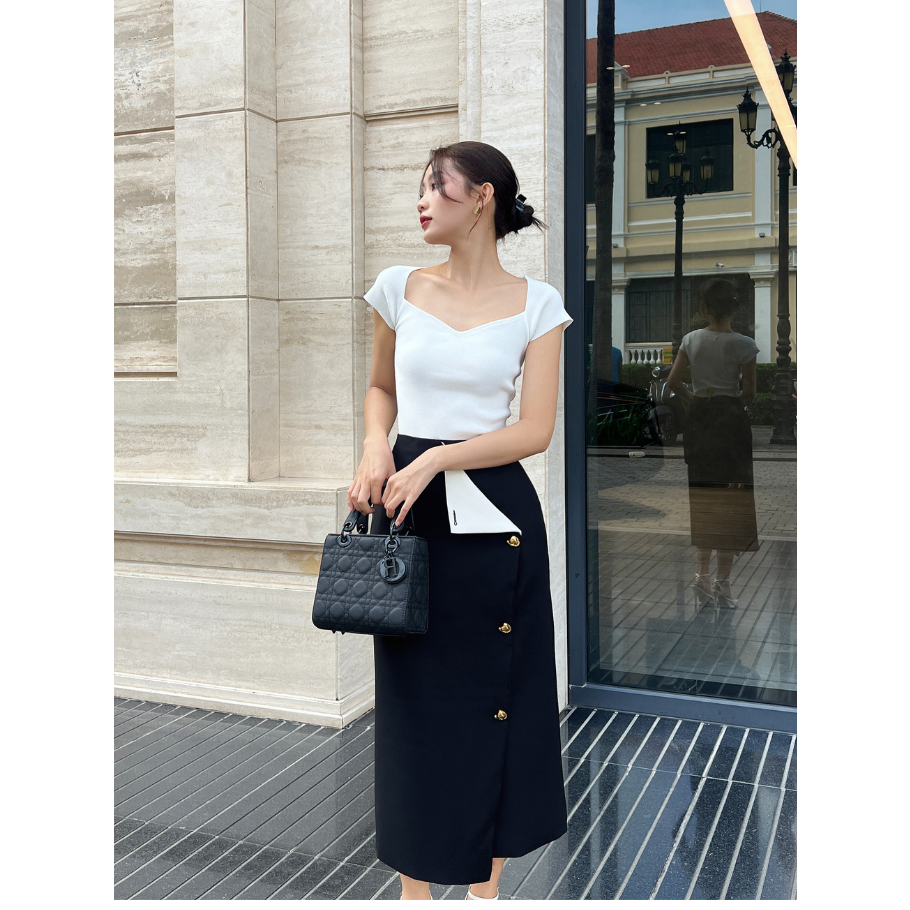 COCO SIN - Váy Đen Bút Chì Phối Trắng