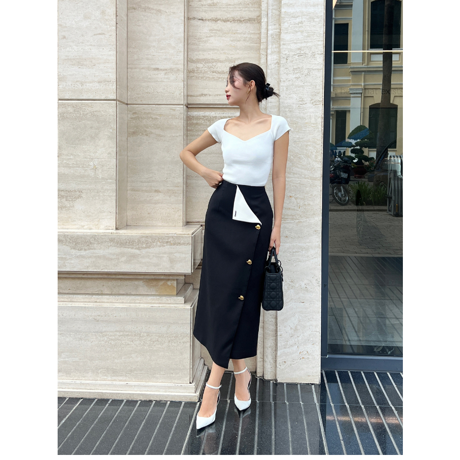 COCO SIN - Váy Đen Bút Chì Phối Trắng
