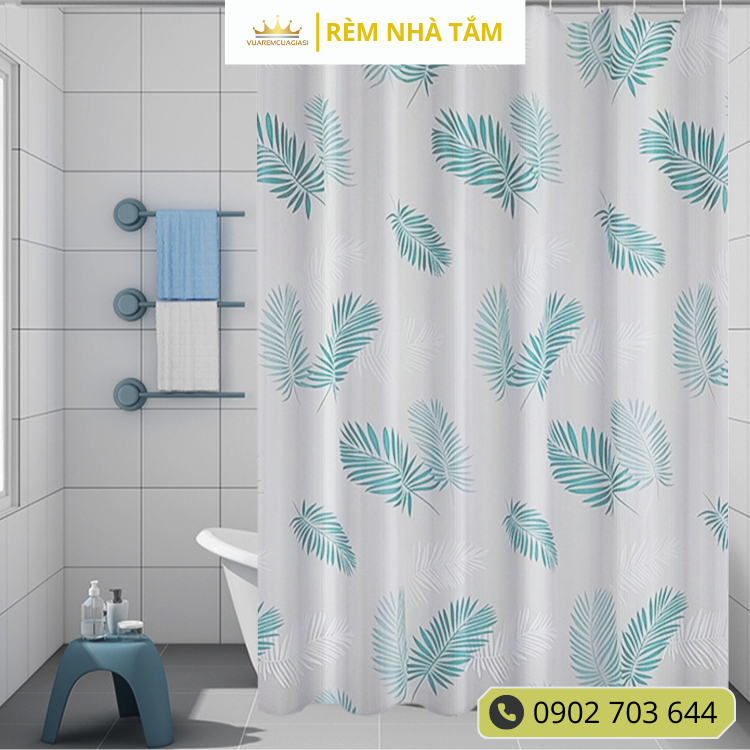 Rèm nhà tắm DÀY và thanh không khoan tường, họa tiết Lá Thông không thấy bóng người, không thấm nước, kèm vòng treo