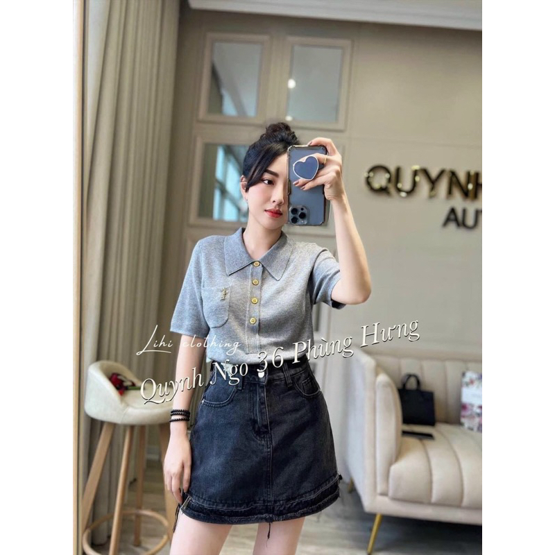 Áo len nút tay ngắn phối túi ngực