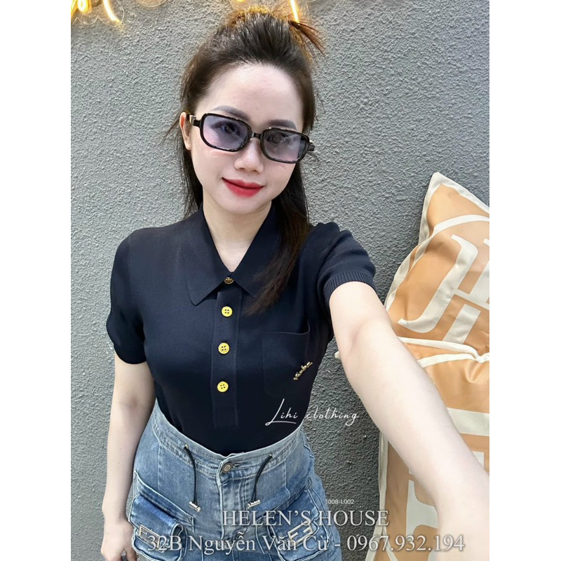 Áo len nút tay ngắn phối túi ngực
