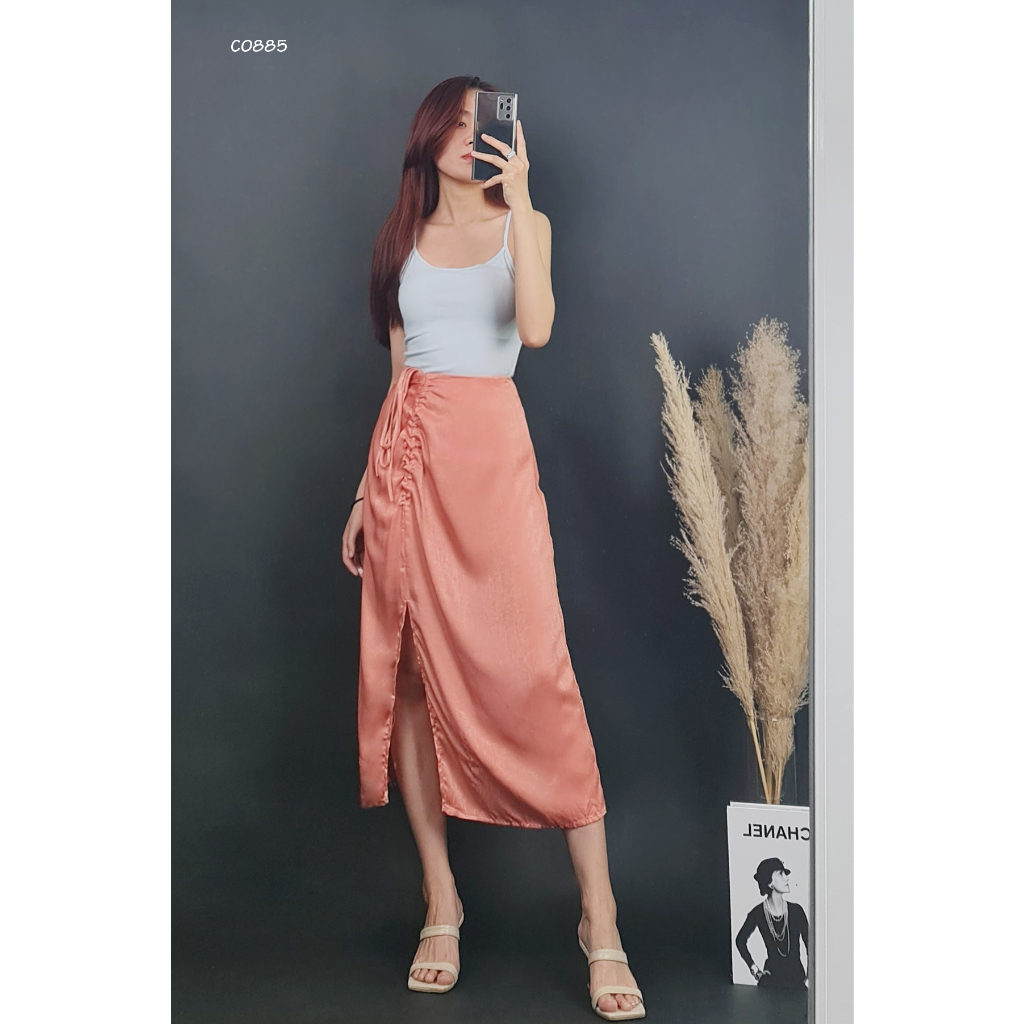 C0885- Chân váy lụa dài F21 rút dây xẻ trước trơn