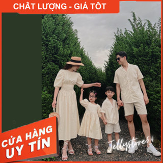 Set đồ đôi Gia Đình cotton Hàn (2 lớp) màu be nhạt, thắt nơ sau, kèm ảnh thật