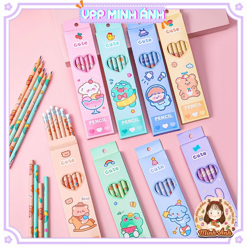 Hộp 6 Cây Bút Chì Gỗ HB Bút Chì Chuốt Kèm Tẩy Họa Tiết Hoạt Hình Động Vật Dễ Thương Cho Học Sinh Viết Bài Hằng Ngày