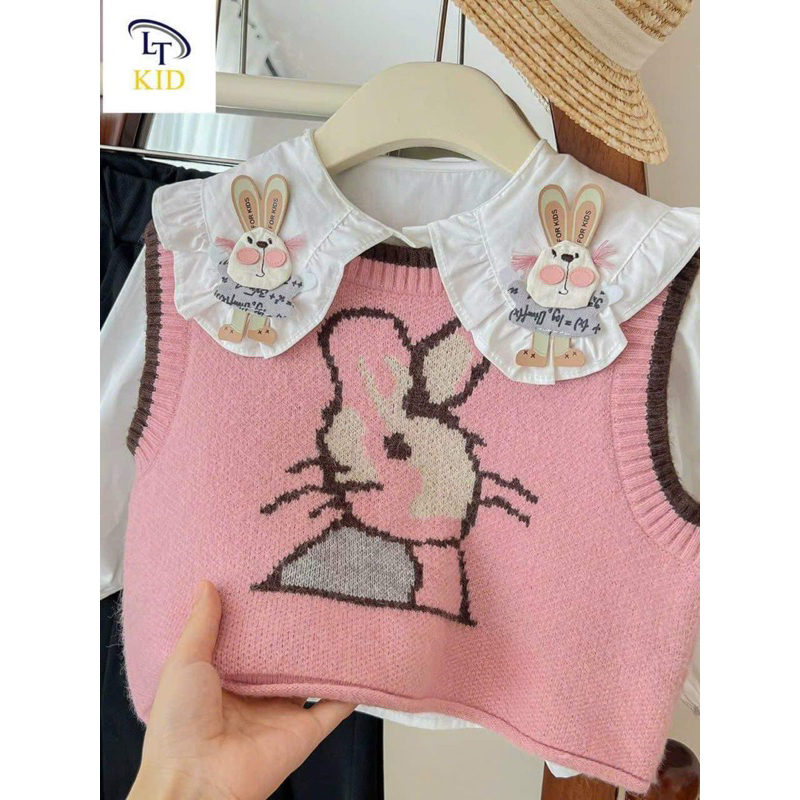 Bộ bé gái,Sét áo gile, sơ mi thỏ hồng quần bò loe cho bé 10 đến 30kg B0220
