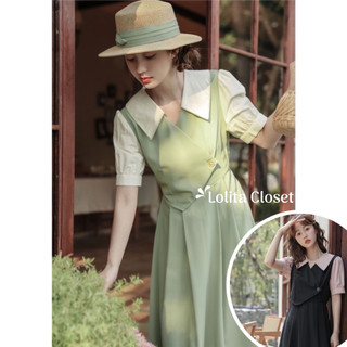 Váy đầm xanh đen vạt chéo tay ngắn thanh lịch dài qua gối phong cách Hàn Quốc MS123