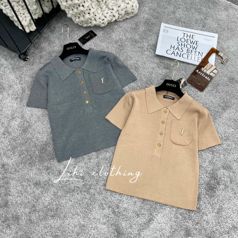 Áo len nút tay ngắn phối túi ngực