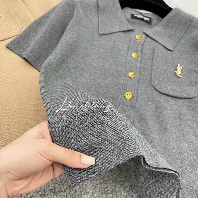 Áo len nút tay ngắn phối túi ngực