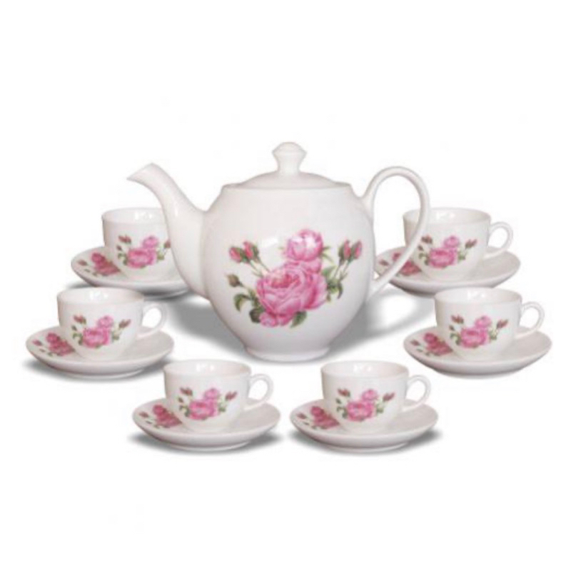 bộ ấm trà sứ bát tràng cao cấp vẽ hoa hồng hoa đào hàng đẹp 2 size to nhỏ