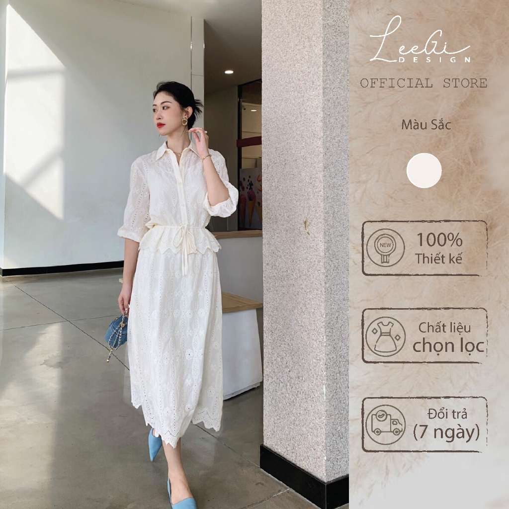 Váy sơ mi thô peplum kem trẻ trung thanh lịch LeeGi Design Min6418